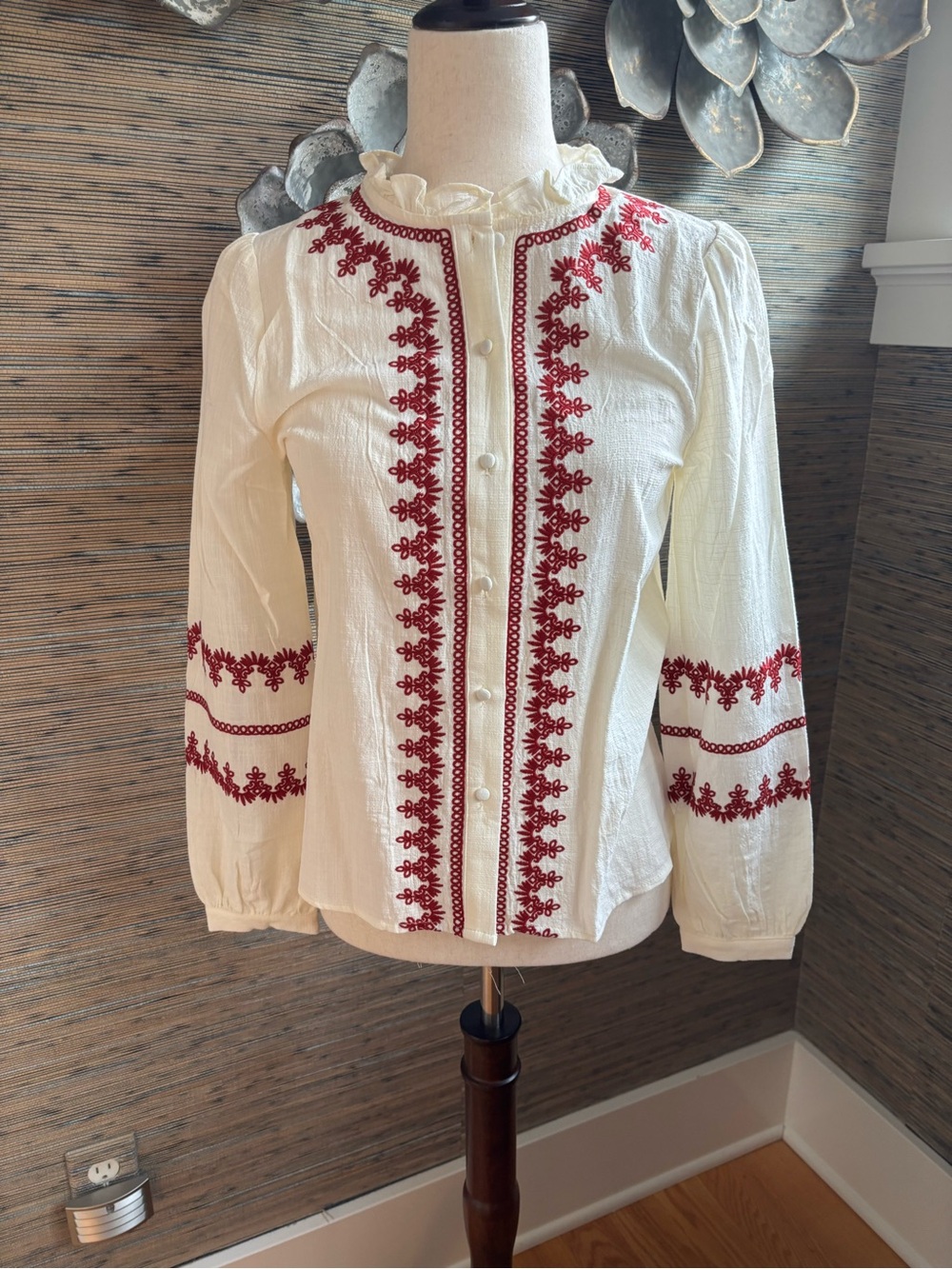 Vine & Love Cream Button-Down Blouse with Red Embroidery